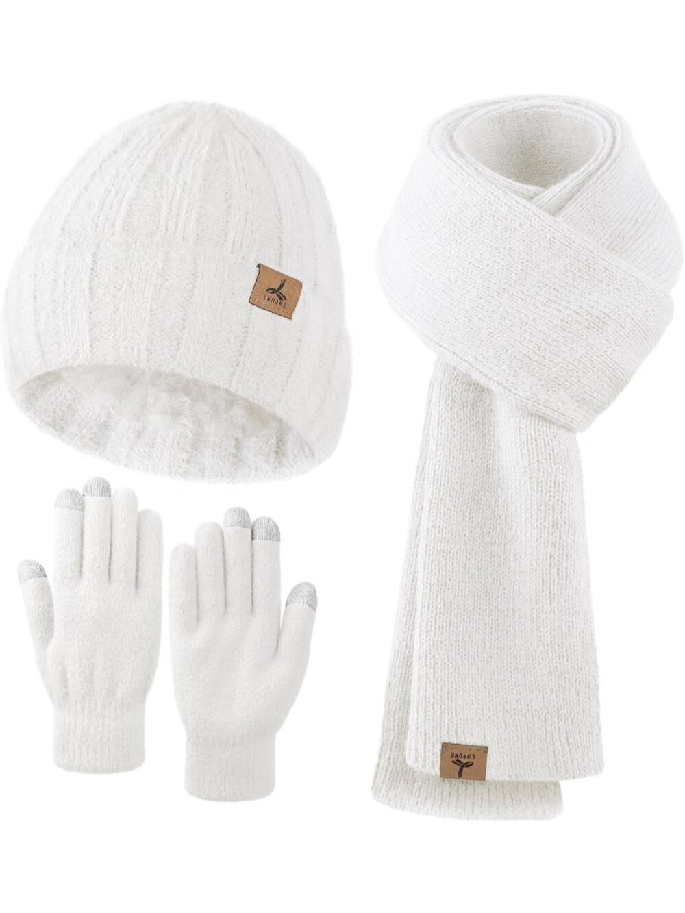 Women's White Beanie Hat Gloves Scarf Cashmere Hat Gloves Scarf Accessories Set